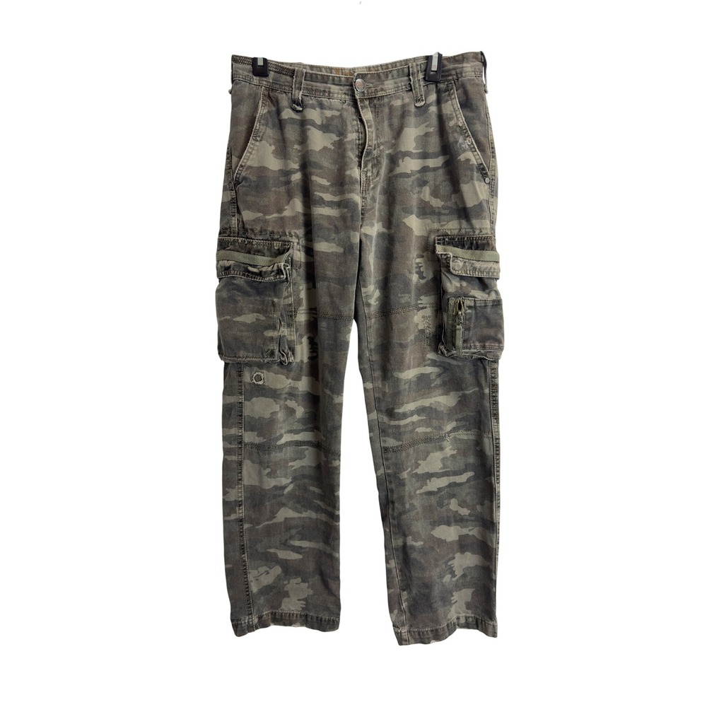 Iron Mens 30/29 Camo Cargo Pants Olive Green Brown Distressed Straight Leg